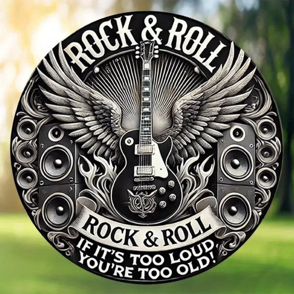 Round 2D Flat Vintage Metal Sign - Rock & Roll Guitar Band Design in Black with Wings Headphones - Perfect for Home Bar Cafe
