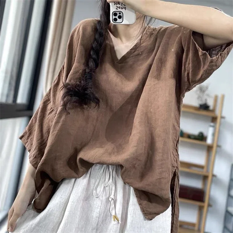 Literary Retro Coffee Blouse Women Summer New Causal V-neck Drop Sleeve Womens Tops Versatile Split Pullover Hemp Shirt