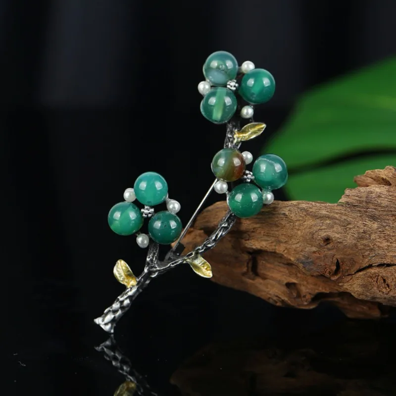 Creative Vintage Natural Stone Branch Flower Inlaid Rhinestone Brooch Pin Clothing Accessories