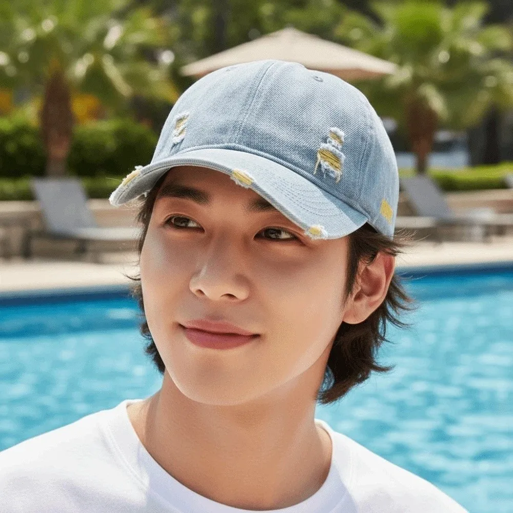 Adjustable Frayed Denim Baseball Cap Sunscreen Versatile Unisex Retro Peaked Hat Sunshade Polyester Distressed Blue Casquette