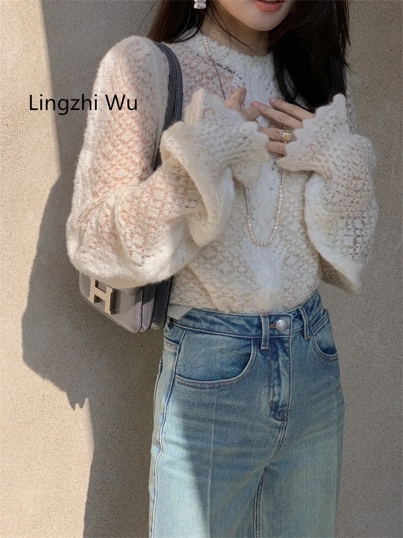 

Lingzhi Wu Alpaca Woolen Gentle French Knitting Shirt Female Hollow Out Weaven Spring Autumn Thin Sweater White Flare Sleeve