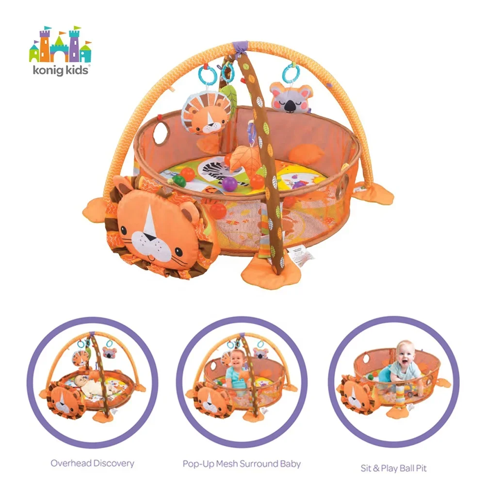 Konig-colchonetas de juegos Para niños y bebés, 3 en 1, animales, leones, coloridos, Gimnasio de actividades, juegos de bolas