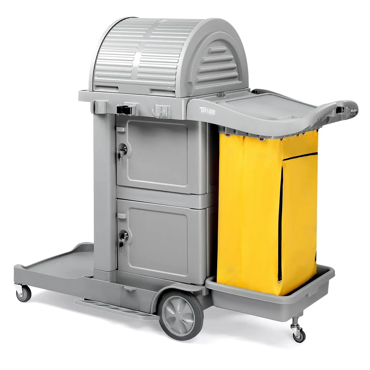 Janitorial Cart on Wheels, 3 Shelf Commercial Cleaning Cart with Key Locking-Cabinet, Grey Housekeeping Cart with Locker