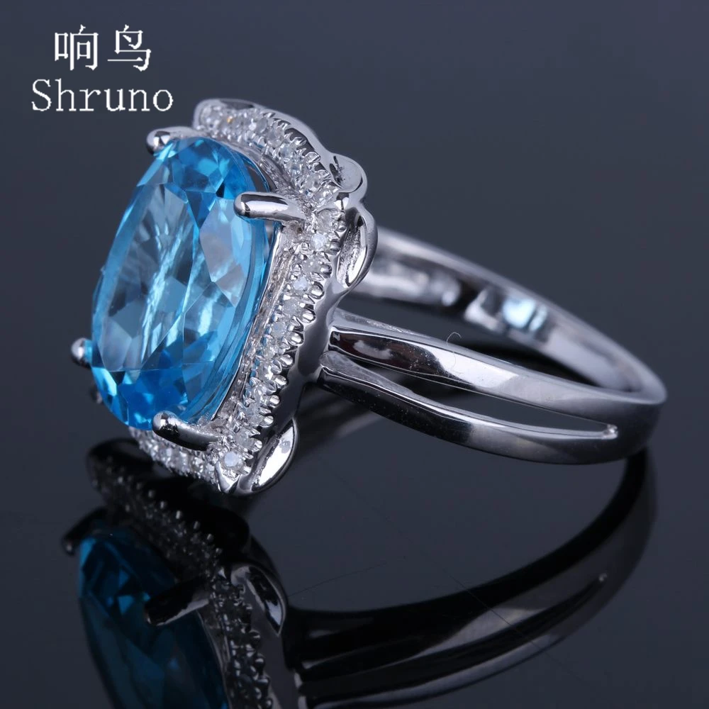 Shruno Solid 14K AU585 White Gold Oval 10X12mm Genuine Blue Topaz Gemstone Engagement Ring Women Real Diamonds Fine Jewelry