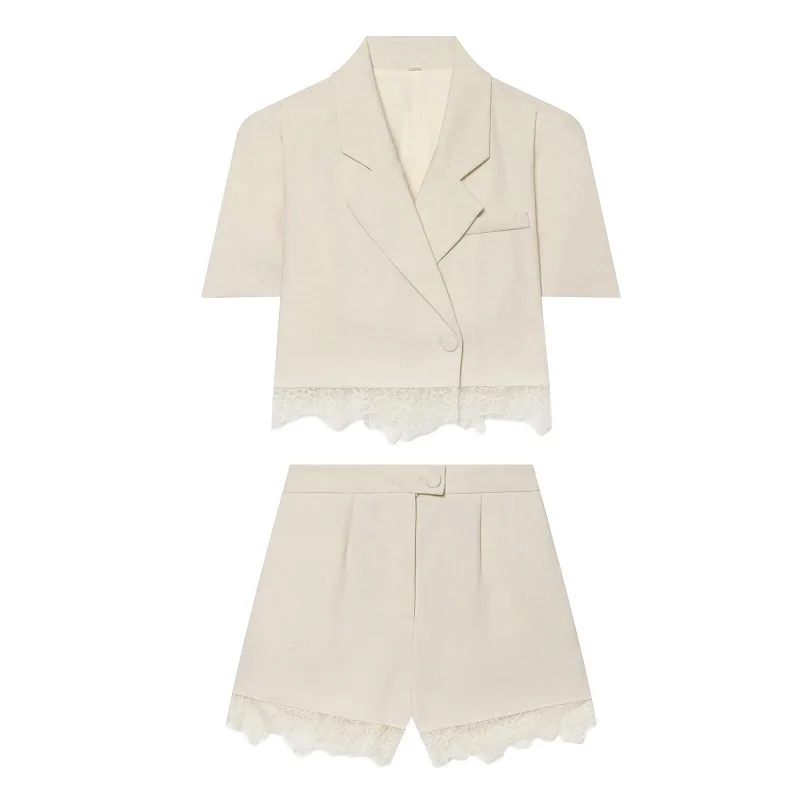 MUJER Spitzen-Shorts-Sets für Damen, 2-teilig, mittelhohe Bermuda-Shorts, Damen-Outfit, Sommer, kurzer Damen-Blazer-Anzug, lässige Shorts – Detail 2