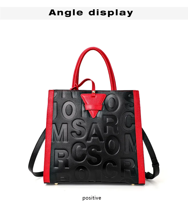 Schwarz-Rote Leder-Tragetasche für Damen mit Geprägtem Alphabet, Verstellbarem Riemen und Mehreren Taschen - Tägliche Crossbody-Shopper-Tasche – Detail 6