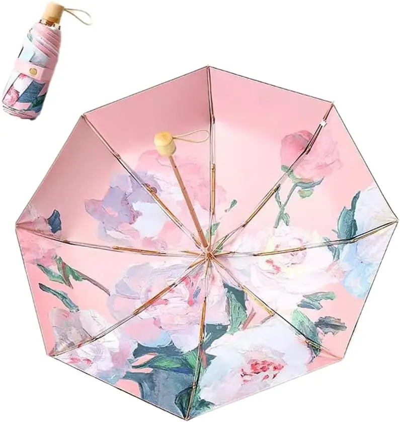 Artshade Dual Use Elegant Super Lightweight Compact Travel Folding Umbrella Rain Wind Sun Double Sided Printed  Painting Floral