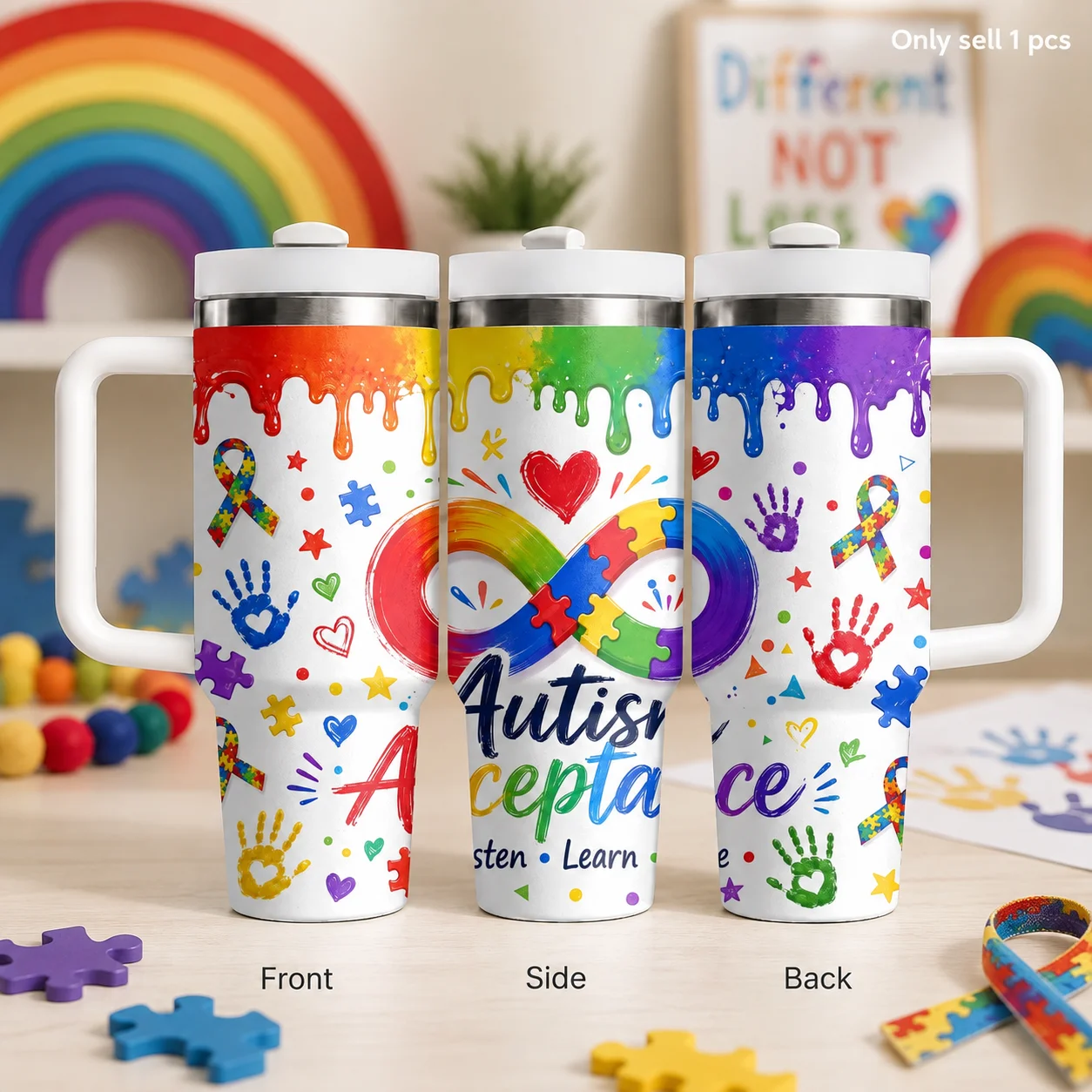 Autism Acceptance Learn Love Vacuum Flasks 40oz Stainless Steel Insulated Tumbler With Handle & Straw Leakproof Travel Mug