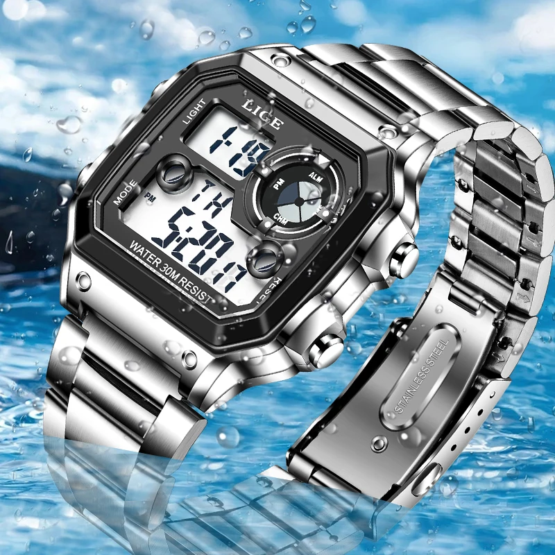 LIGE Fashion Casual Electronic Man Watch Sports Waterproof Luminous Alarm Stainless Steel Band Digital Men's Watches Chronograph view 4