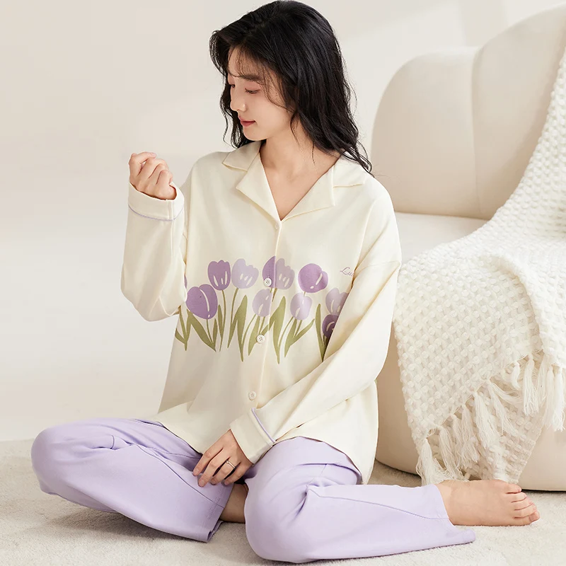 Purple Tulip Pajamas Set Women Sleepwear Cotton Long Sleeves Long Pants Autumn Winter Girl Pyjamas Soft Pijamas Cozy Button Cute