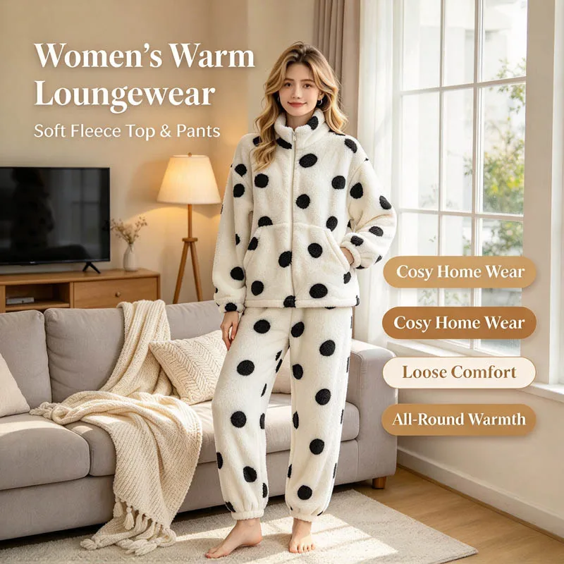 2026 Autumn Winter Trendy Polka Dot Coral Fleece Women Pajama Suit Fluffy Lined Thickened Plus Size Loose Cold Proof Home Warm