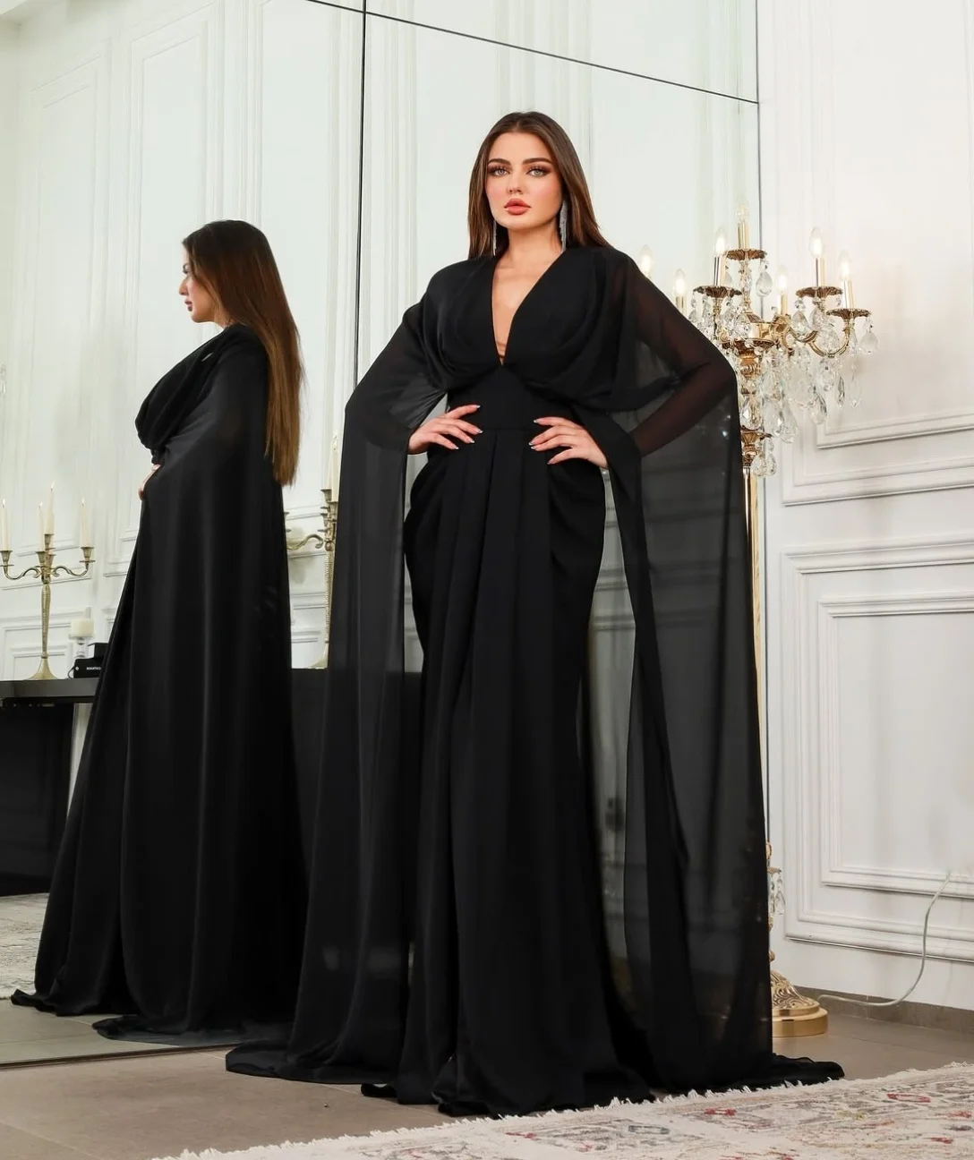 

Customized Long Black Chiffon Evening Dresses with Cape Mermaid V-Neck Formal Party Pleated Prom Dress for Women