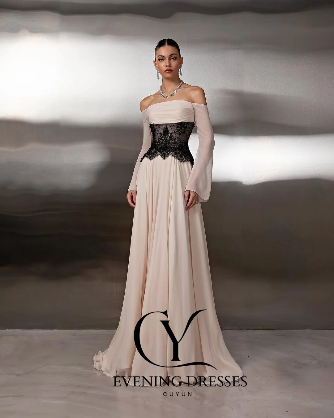 CUYUN Boat Neck Chiffon and Lace Evening Dresses Formal Customized Prom Gown Long Sleeves Elegant Party Dress for Wedding Guest