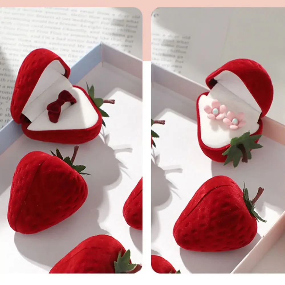 Flocking Plastic Strawberry Ring Box Gift Boxes Romantic Organizer Wedding Jewelry Display Case Red Pink