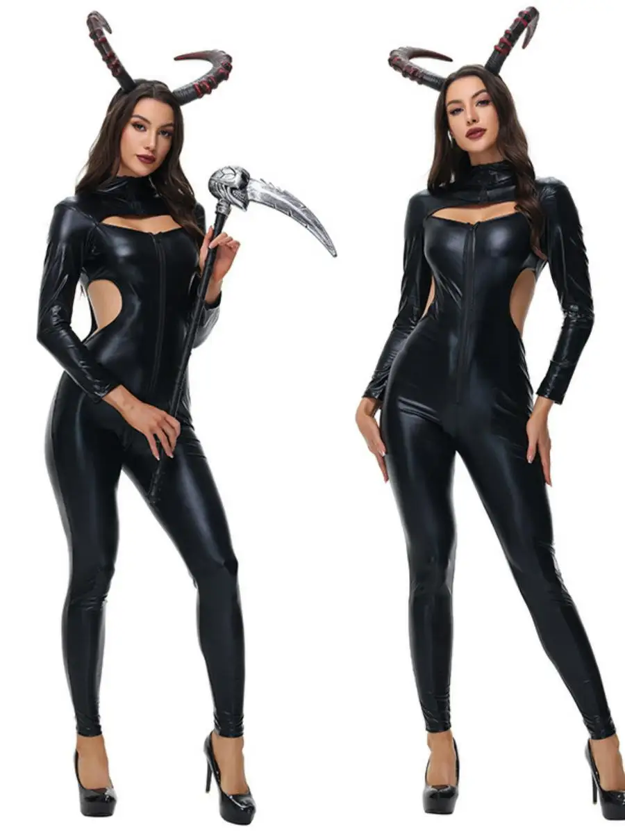 Gothic k Halloween Kostüm Bla Leder Hexe Gehörntes Outfit Damen Faion Bühnenaufführung Traditionelles Hanfu
