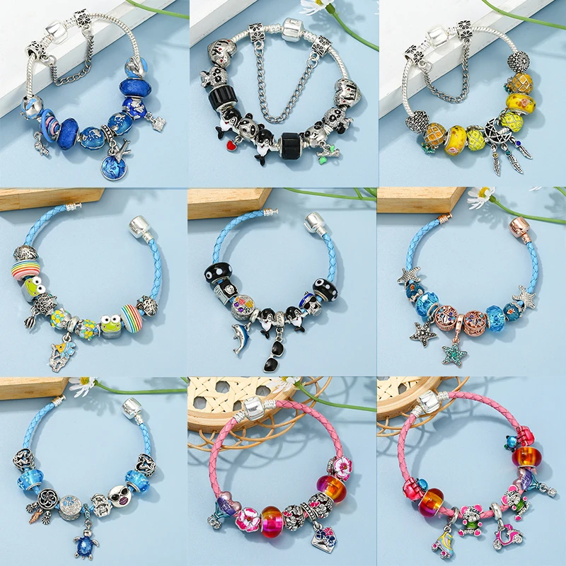 BAOPON Hot Sale Dolphin Pansy Unicorn Beads Charm Bracelets With Leather Chain Beand Bracelets For Women Men Girlfriend Jewelry