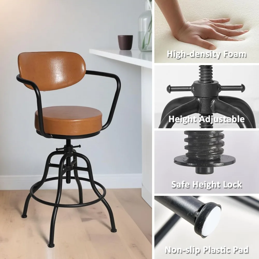 Taburetes de bar modernos de estilo industrial con respaldo, reposabrazos y reposapiés: asientos giratorios y alturas ajustables de 21,7 a 25,6