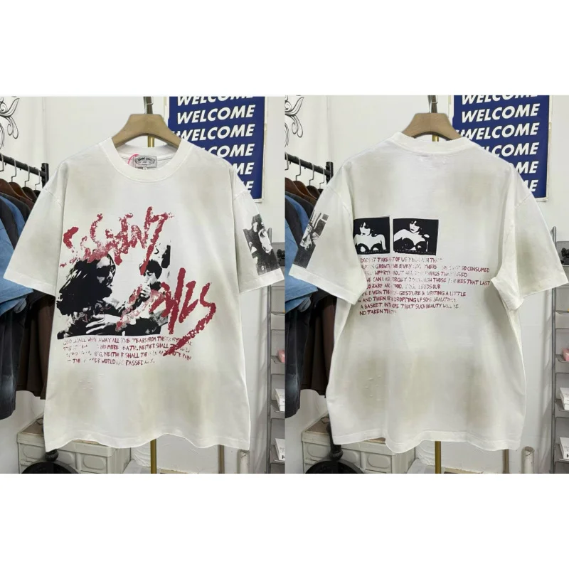 Retro American High Street Saint Distressed Splatter Print Short Sleeve Loose Unisex T-Shirt Cotton Polyester Summer Fashion