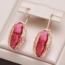 Kinel New Long Oval Red Natural Zircon Drop Earrings Fashion 585 Rose Gold Color Women Hollow Flower Earrings Vintage Jewelry