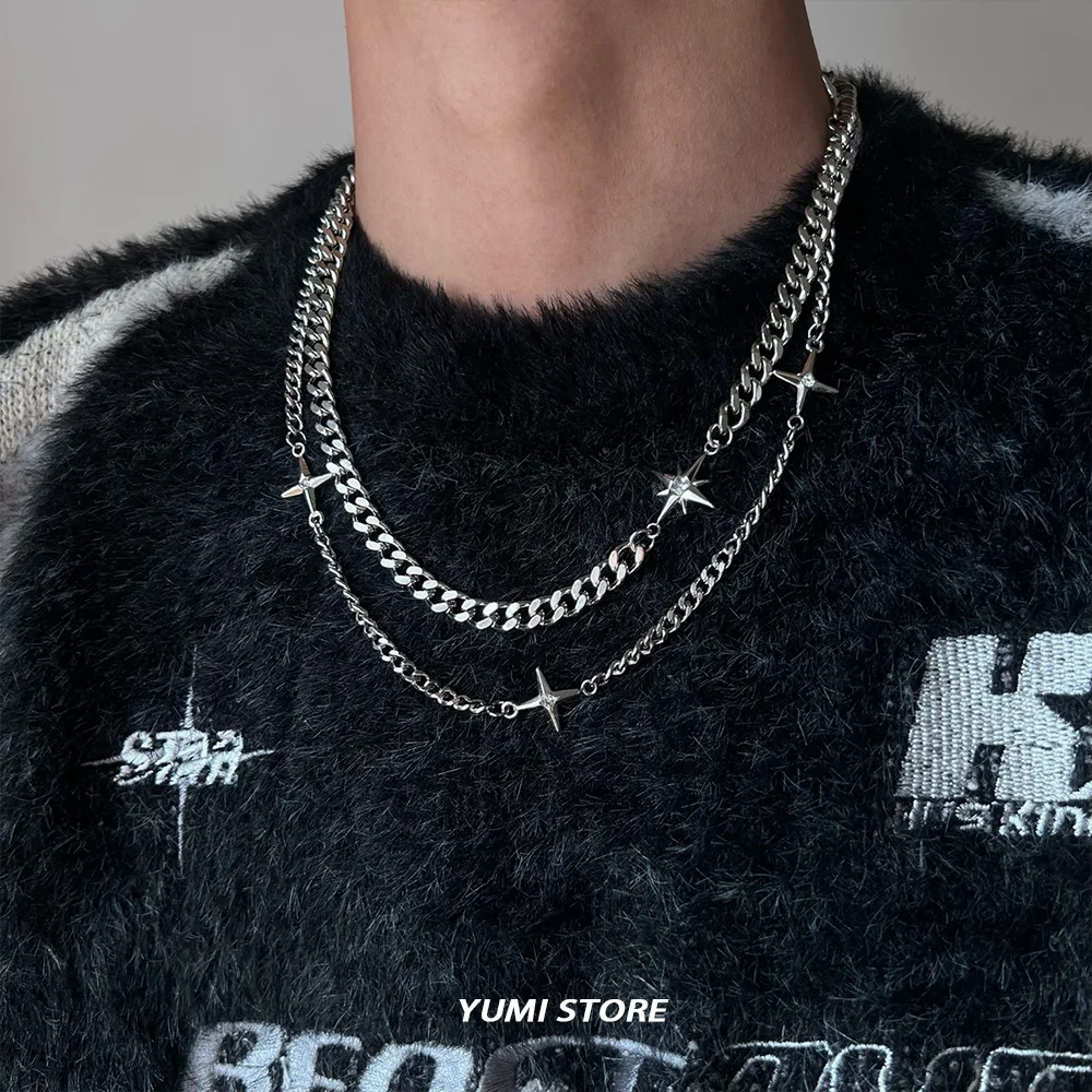 Hip Hop Double-layer Star Cross Necklace For Man Woman Titanium Steel  Clavicle Chain Choker Punk Male Accessories Wholesale