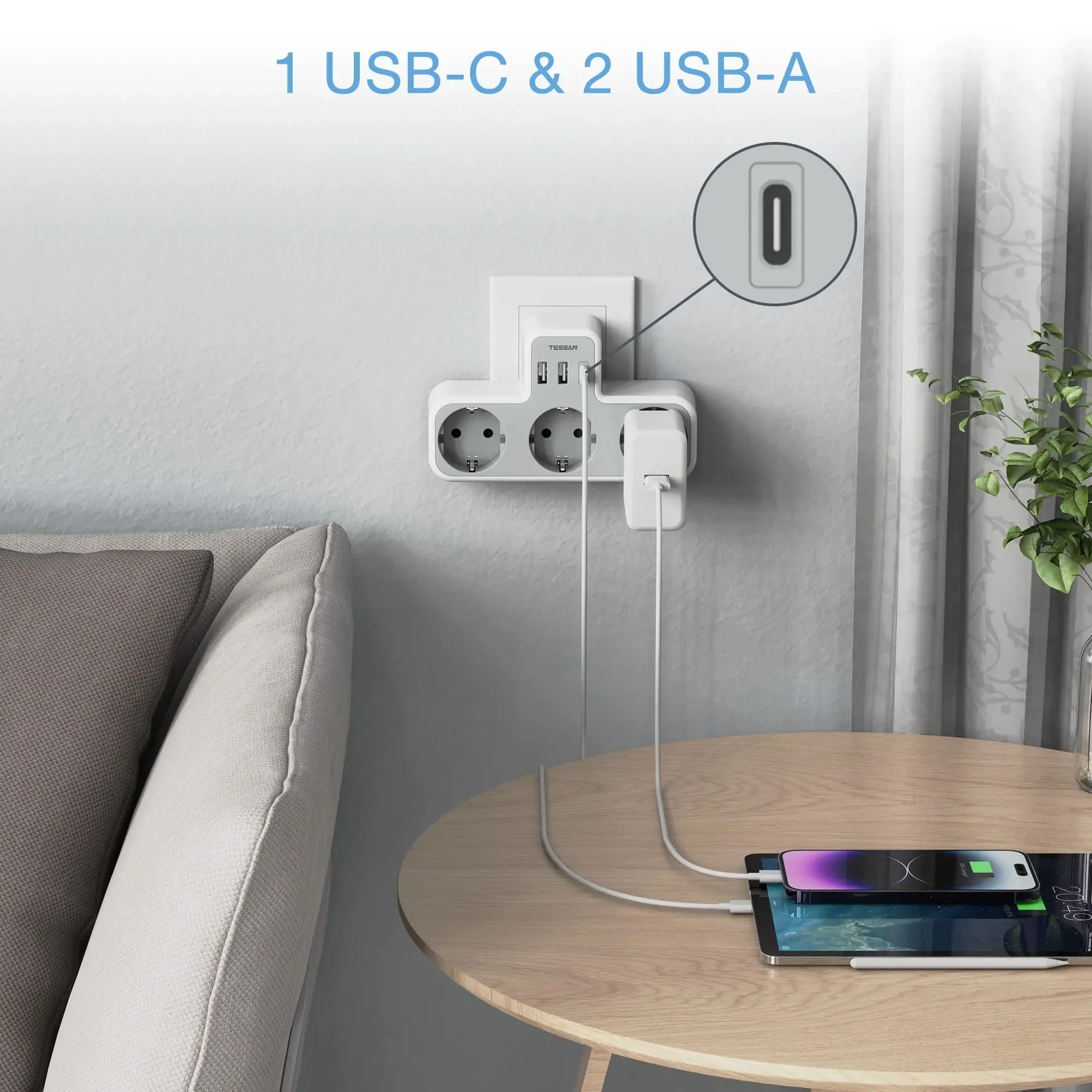 TESSAN EU Adapter wtyczki ściennej z 3 gniazdami AC i 3 portami USB (1 USB C) 5V 2.4A Europejska listwa zasilająca do domowego biura