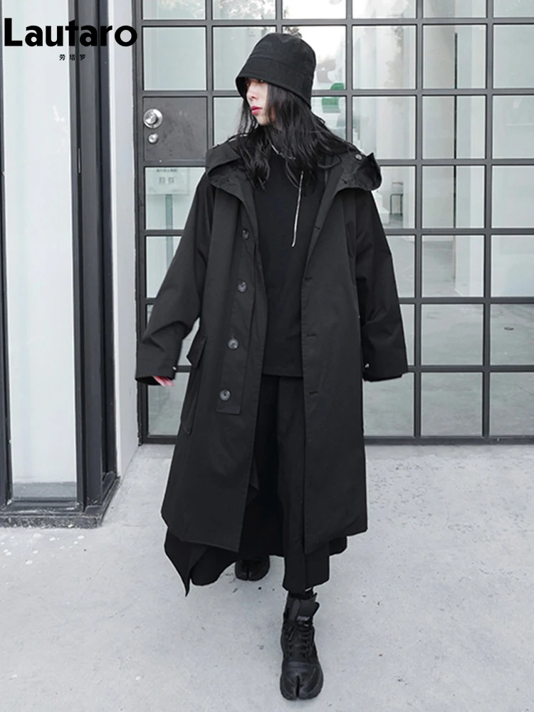 Lautaro Spring Autumn Long Oversized Black Trench Coat with Hood  Dark Academia Aesthetic Luxury Designer Clothes for Women 2022