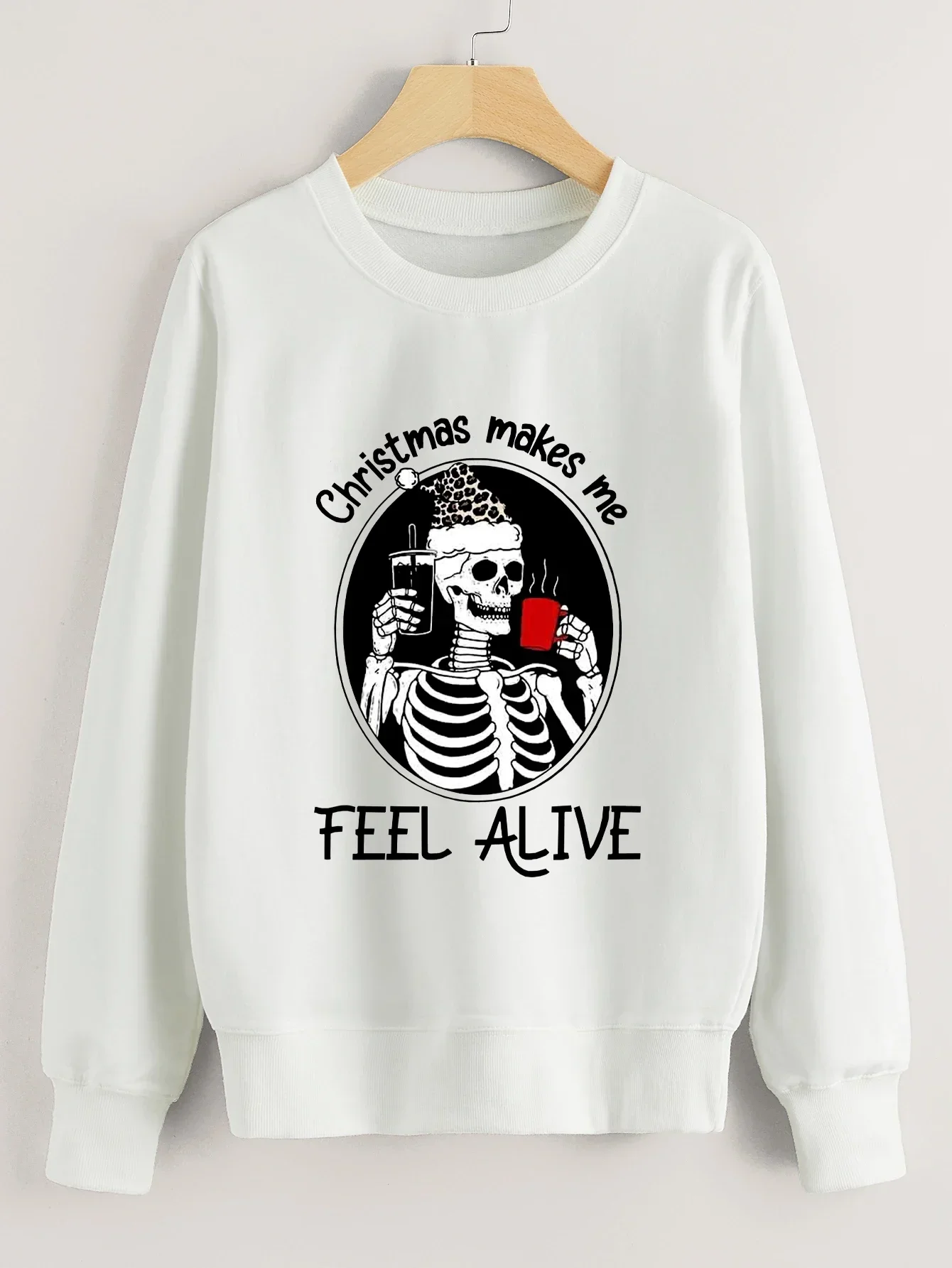 Ladies Christmas Makes Me Feel Alive Letters Print Sweatshirt Funny Coffee Skeleton Pullovers Women Fashion Casual Hoodies