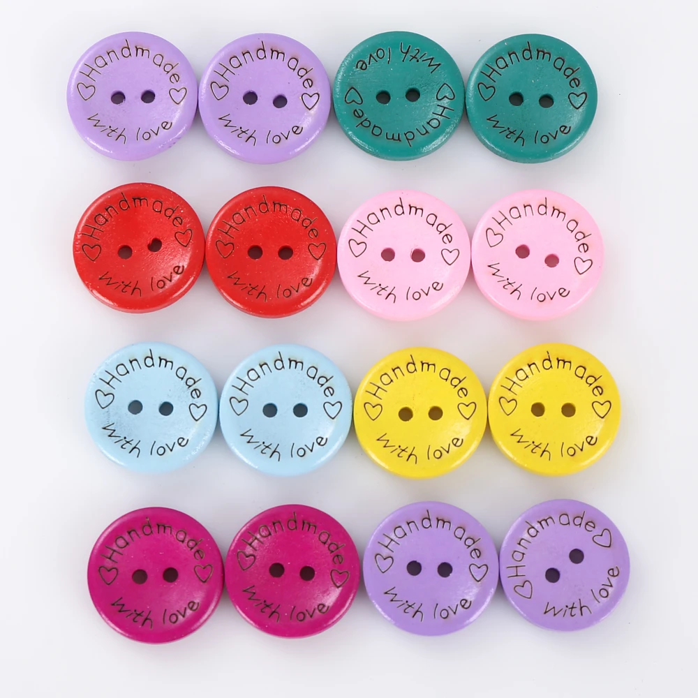 50Pcs/lot Wood Buttons Random Mixing Arts Crafts Round Button Handmade with Love DIY Accessories Gift