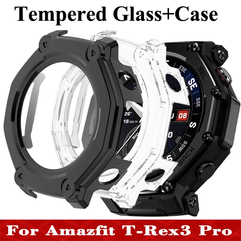 PC-Gehäuse + gehärtetes Glas für Amazfit T-Rex 3 Pro 48 mm Smartwatch-Abdeckung Stoßstange für Huami Amazfit T-REX 3 Displayschutzfolie