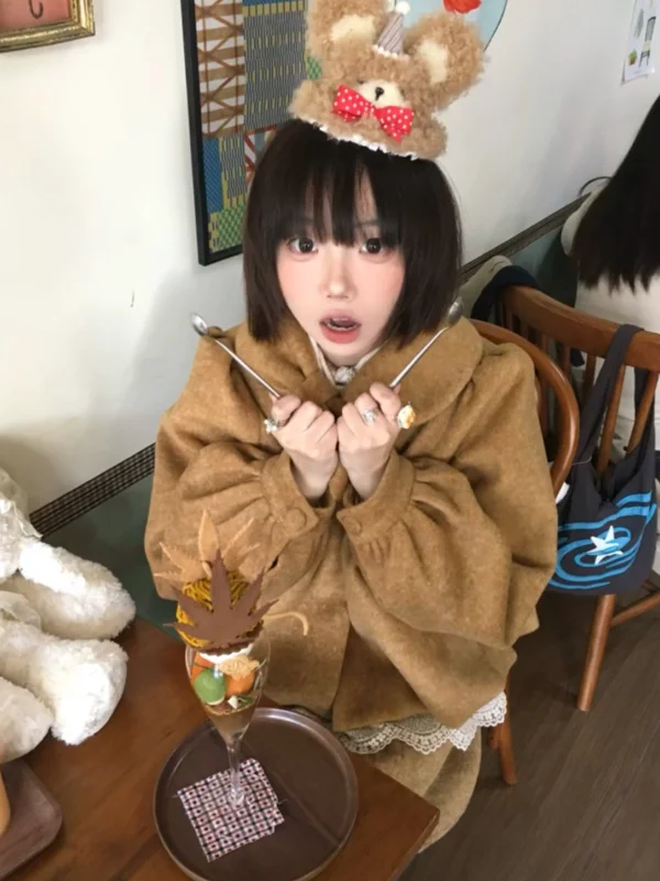 Winter Warmth Woolen Coat And i Skirt Set with Bow Tie Loose Fit Slimming Outerwear Faionable Two-Piece Women's Ensemble