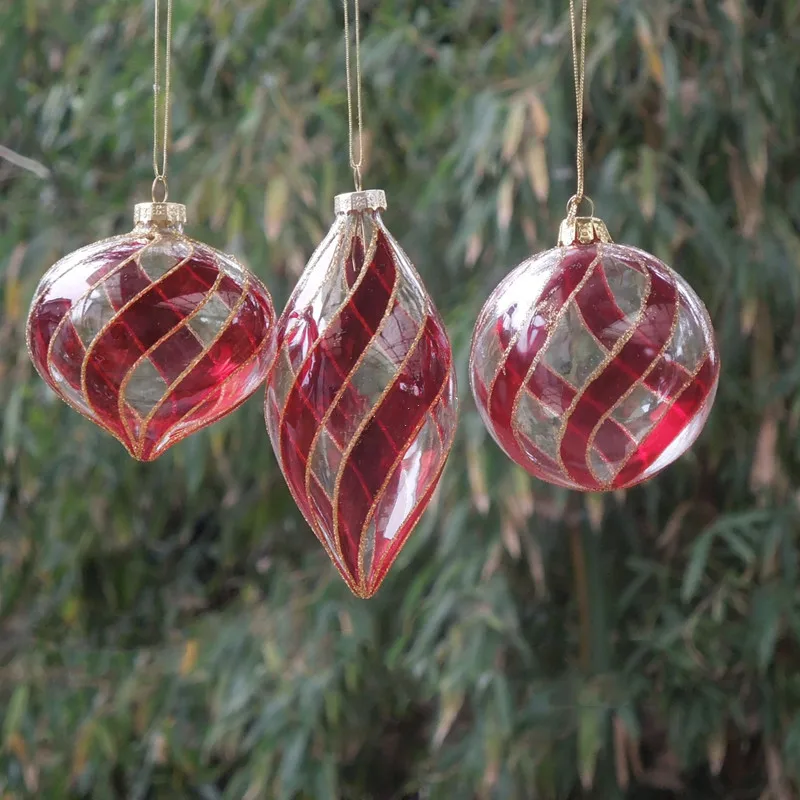 

12pcs/pack Different Shape Red Painting Transparent Glass Pendant Home Decor Christmas Ball Hanging Ornament Globe Onion Cone