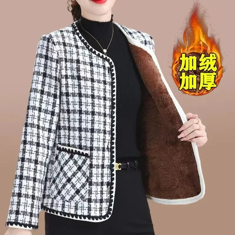 Women's Casual acket Fashion Versatile Short Small Fragrance Autumn Winter With Fleece Warm Plaid Coat Top Cardigan