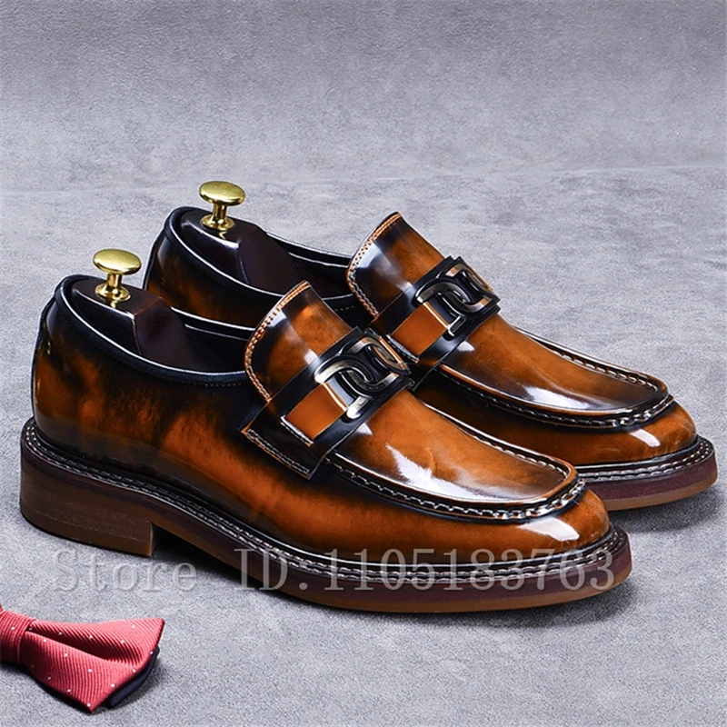 

Men's Round Toe Thick Soled Loafers British Style Genuine Leather Cowhide Metal Decor Dress Shoes for Business Wedding Party