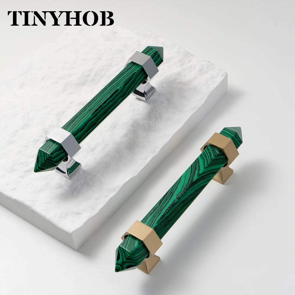 Crystal Cabinet Handles Amethyst / Synthetic Malachite Drawer Pulls with Brass Bases for Kitchen Bedroom Furniture Decoration