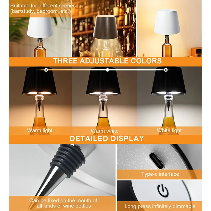 Kabellose Flaschen-Tischlampe, Touch-Steuerung in 3 Farben und stufenlose Dimmung, Nachtlampe, geeignet für Bar, Weinflaschen, Schreibtischbeleuchtung