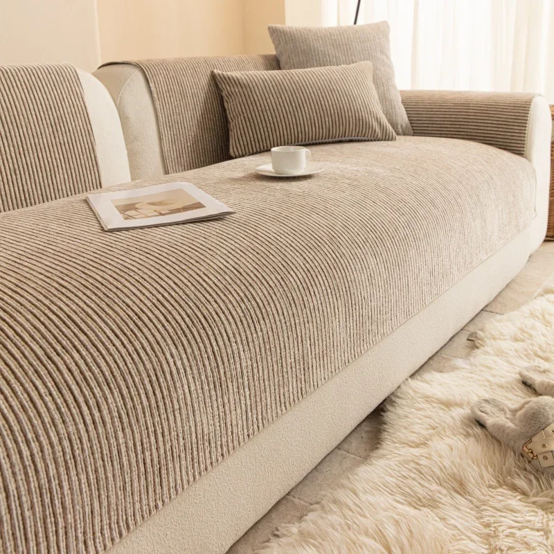 Stripe Chenille Sofa Cushion Cover Autumn Winter Warmth Anti-Cat Scratch Non-Slip for  Sofa Protective Seat Pad Home Living Room