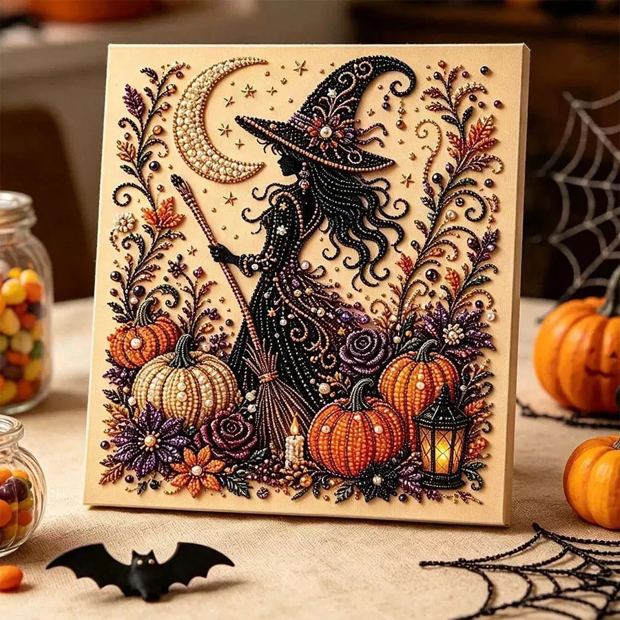 Halloween Hexen-Geister-Perlen-Kunst-DIY-Set, Perlen-Malset für Erwachsene, Halloween-Perlen-Diamant-Malerei (verschiedene Designs verfügbar: Highland-Kuh, Hexe, Geist, Kürbis, Schwarze Katze, Totenkopf, Krähe), handge – Detail 5