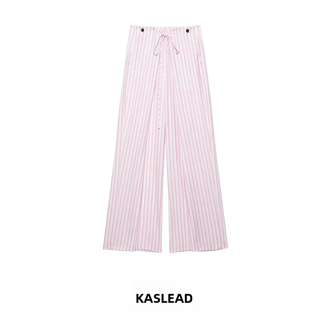 KASLEAD Women's Fashion Slimming Adjustable Waist Casual Stripe Pants Versatile Comfortable Polyester Fiber Ladies Trousers