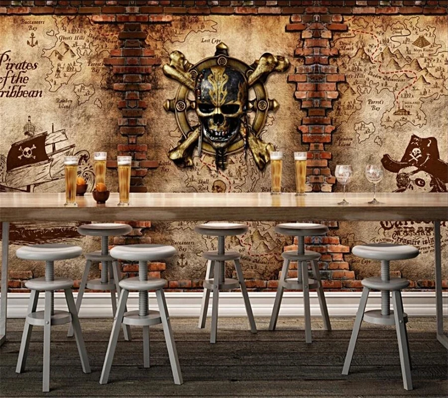 Custom 3D wallpaper retro pirate ship bar cafe motorcycle nostalgic brick paintin mural Living room background restaurant Hotel