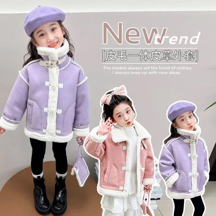 

Модная куртка из искусственной овчины для девочек, милое зимнее пальто в корейском стиле фиолетового и розового цвета, теплая верхняя одежда для модных маленьких девочек
