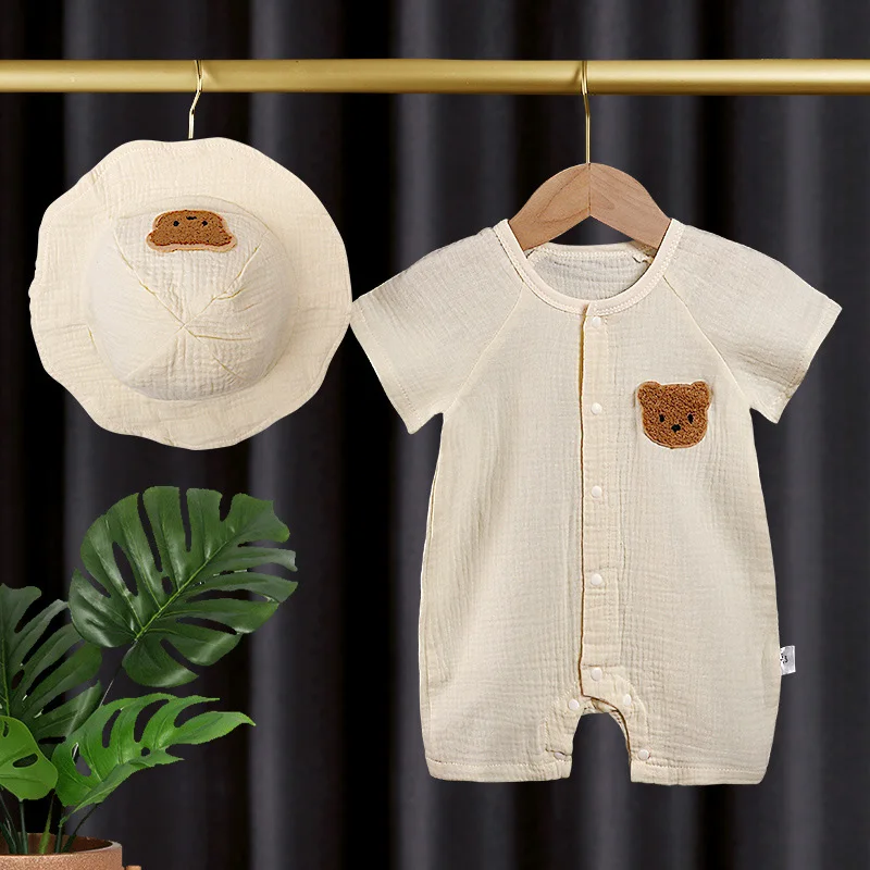 Korean Baby Romper Hat Set Muslin Short Sleeves Jumpsuit for Girls Boys Cute Bear One-Pieces Clothing Newborn Summer Bodysuits