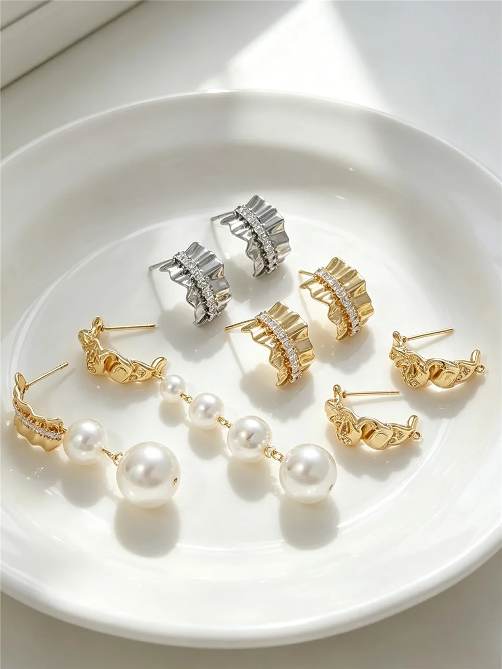 14K Gold Plated C Shape Stud Earring Blanks, Pleated Lace Design Paved Zircon DIY Pearl Handmade Jewelry Findings