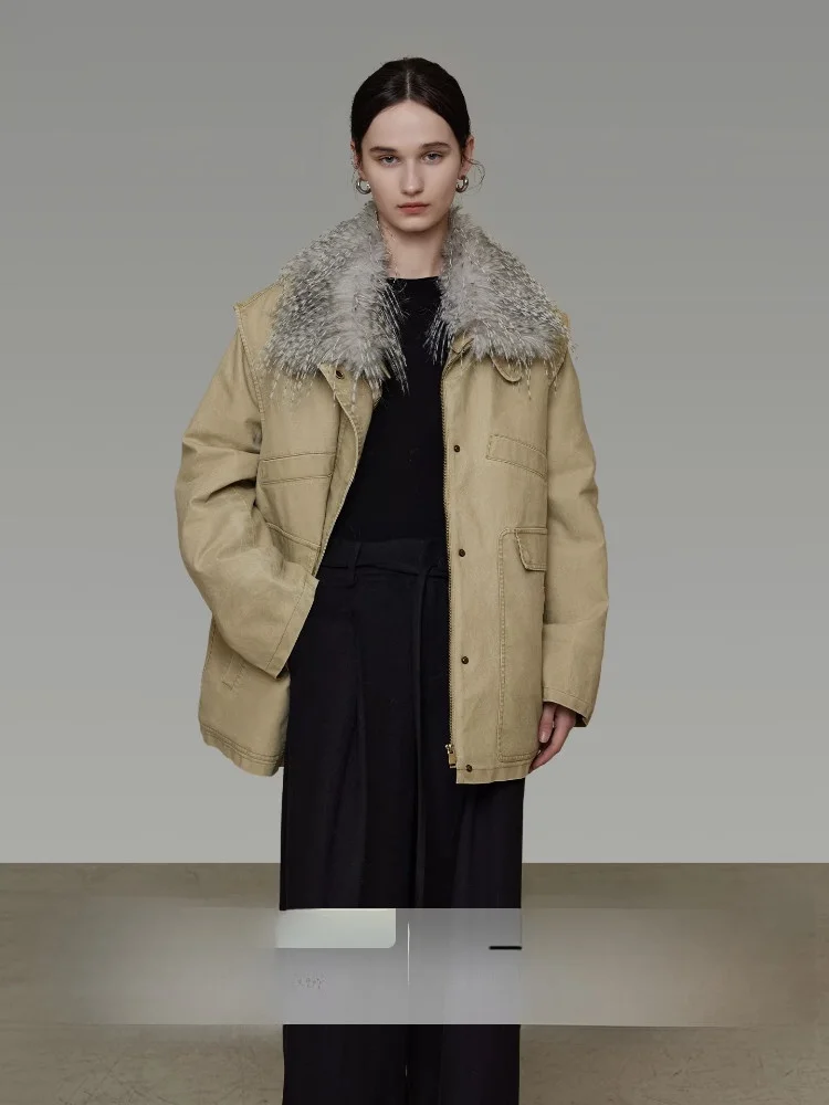 

Unspoken Women's Thiened Long Cotton Jaet with Ostrich Feather Collar Loose Fit Simple Sle Winter Outerwear Coat
