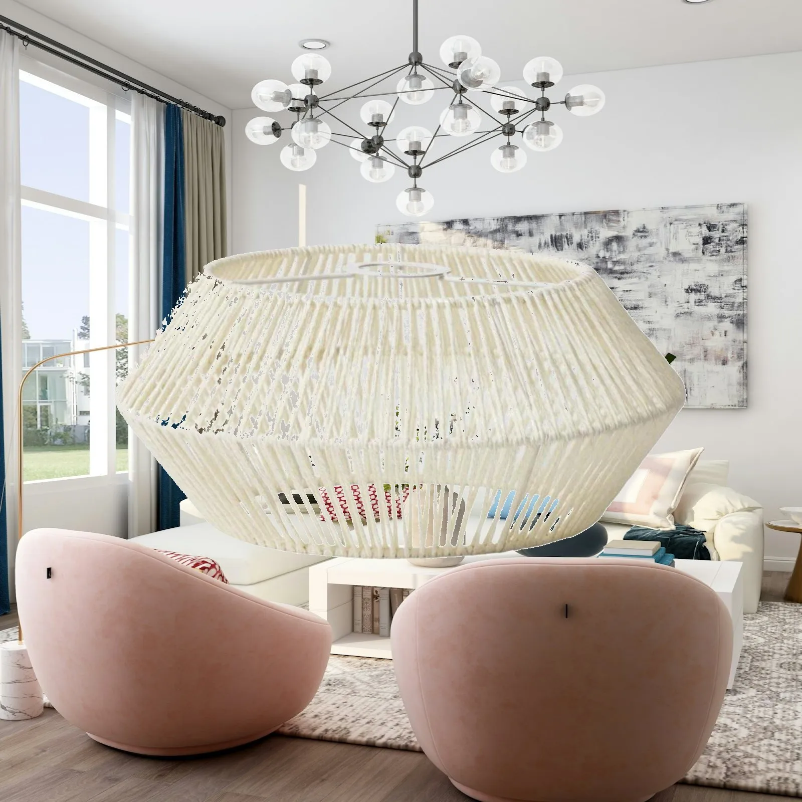 Woven Paper Rope Hanging Lampshade for Pendant Lamp Geometric Design Handmade Iron Frame Cover for Balcony Dining Room Bedroom