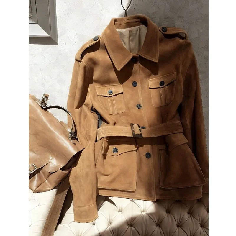 

Winter Vintage Suede Leather Jacket Women Medium Long Style Light Mature Style Single-breasted Casual Windbreaker Women Clothing