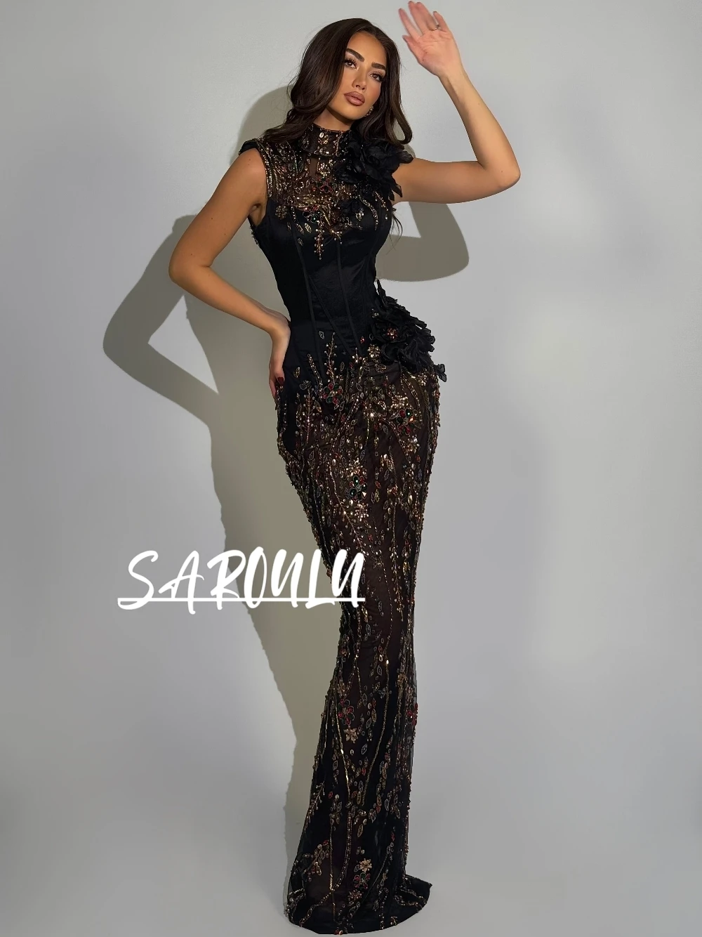 

Black Sleeveless High Neck Evening Gown Beaded Crystals Embroidered With 3D Flowers Mermaid Formal Party Chic Corset Prom Dress