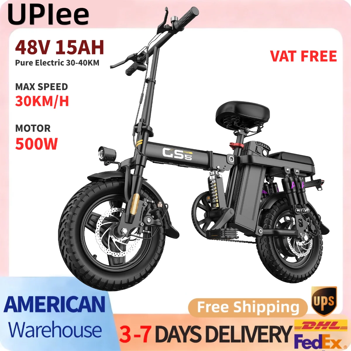 

UPlee GS5 48V15AH Battery E Bike 30 MPH 750 peak motor Folding Electric Bike 40 Miles Max Range electric bike adults 14"Fat Tire