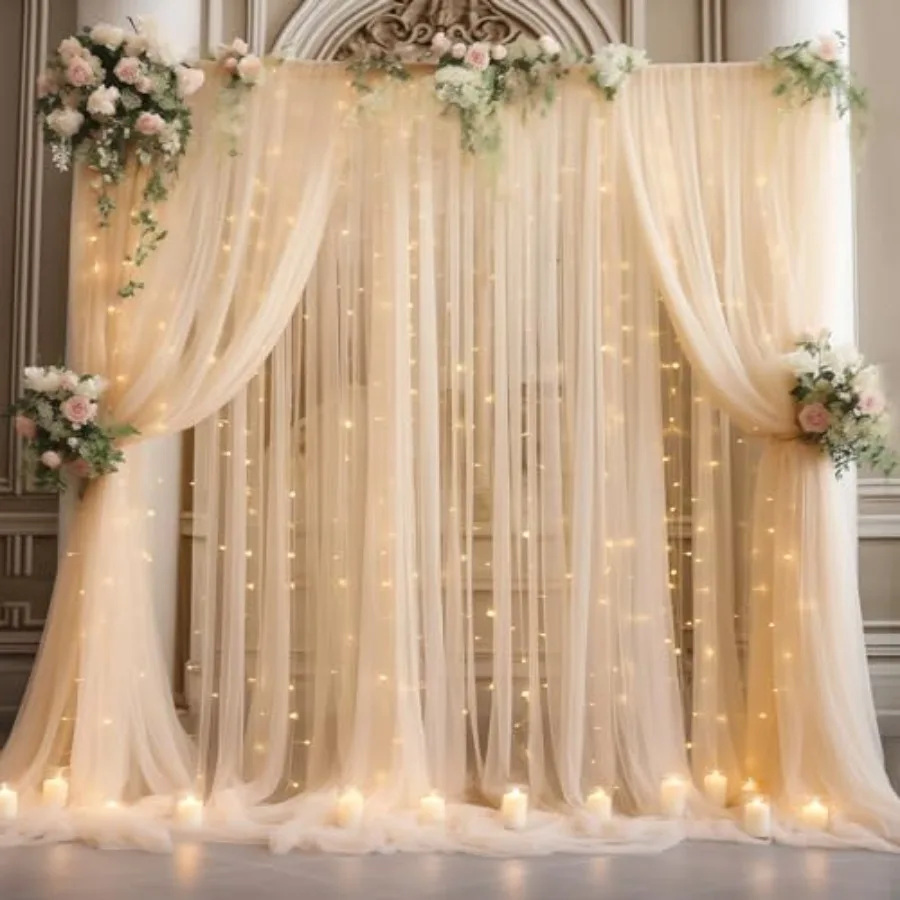 

20x8ft Champagne Tulle Backdrop Curtain with Lights String for Parties: Sheer Photo Backdrop Curtains for Wedding, Ceremony, Re