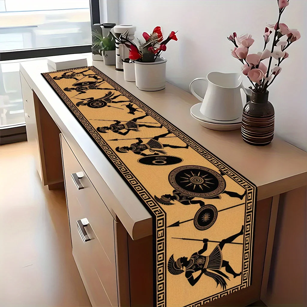 1pc Greek Soldiers Dogs Table Runner Festive Decorative Cloth for Home Kitchen Dining Office Living Room Holiday Party Decor