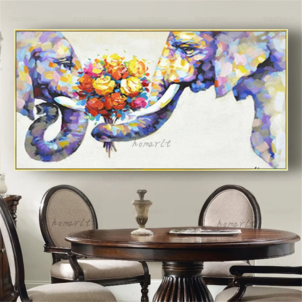 

Real Handmade Canvas Oil Painting Elephant Wall Art Picture Colorful Animal Posters Decor Living Room Family Exhibits Mural Gift